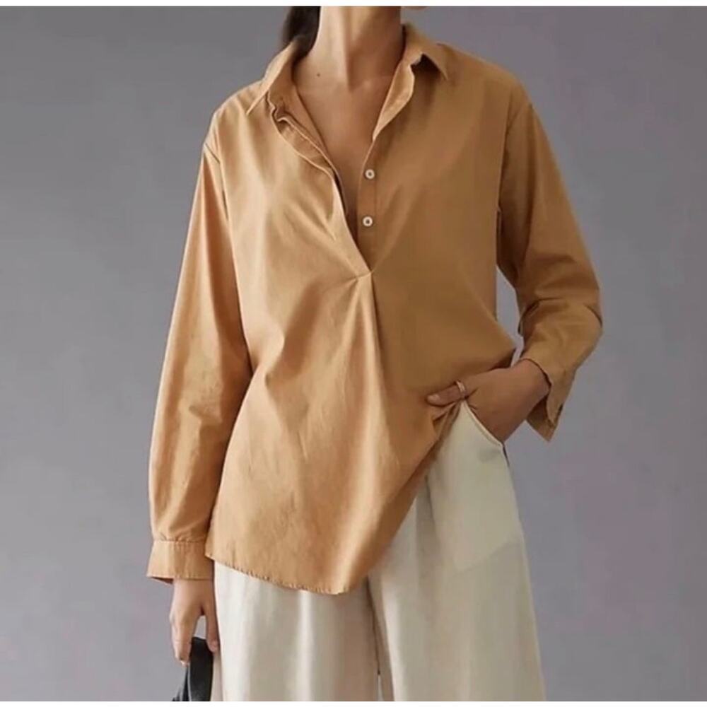 By Anthropologie Camel Button Up Blouse Top Oversized Boxy Size XXS